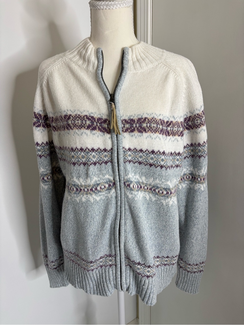 Tiara Fair Isle Zip-Front Cardigan - Cream & Light Gray with Plum Accents